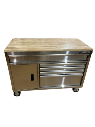 52 in. W 5-Drawer 1-Door, Deep Tool Chest Mobile Workbench in Stainless Steel with Hardwood Top