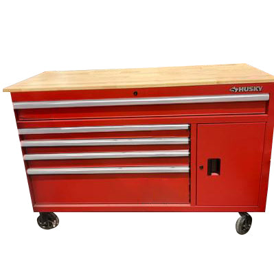 Husky 56 in. W 5-Drawer Gloss Red 1-Door Deep Tool Chest Mobile Workbench with Hardwood Top