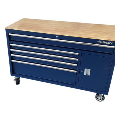 Husky 56 in. W x 24.5 in. D 5-Drawer Mobile Workbench in Matte Blue with Solid Wood Top