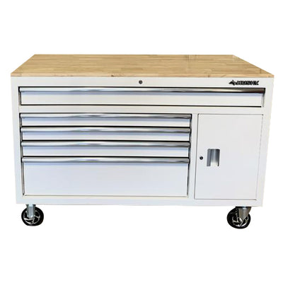 Husky 56 in. W 5-Drawer 1-Door, Deep Tool Chest Mobile Workbench in Gloss White with Hardwood Top
