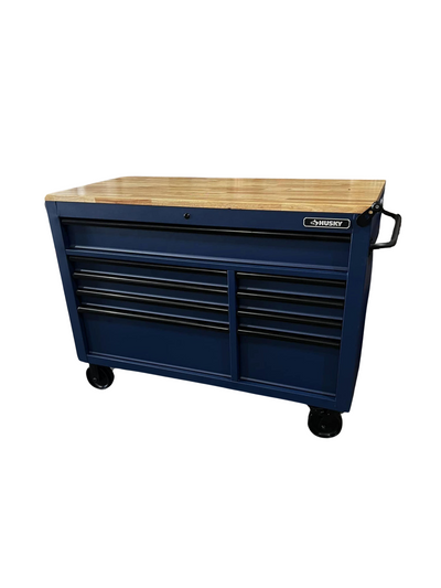 Husky Heavy-Duty 52 in. 9-Drawer Mobile Workbench with Adjustable-Height Solid Wood Top in Matte Blue