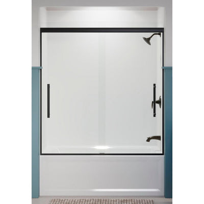 Pleat 59.625 in. x 63.5625 in. Frameless Sliding Bathtub Door in Matte Black with Crystal Clear Glass - Super Arbor