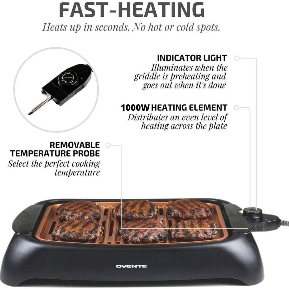 Ovente Thermostat Controlled Non-Stick Indoor Grill, Copper (GD1632NLCO)