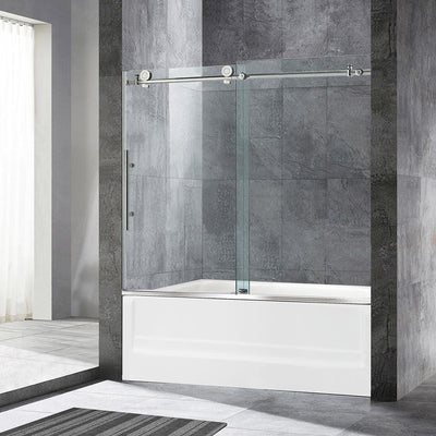 Beccles 56 in. to 60 in. x 62 in. Frameless Sliding Bathtub Door with Shatter Retention Glass in Brushed Nickel - Super Arbor