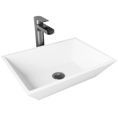 Vinca Matte Stone Vessel Sink in Matte White with Faucet in Graphite Black - Super Arbor