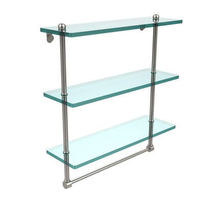 16 in. L  x 18 in. H  x 5 in. W 3-Tier Clear Glass Bathroom Shelf with Towel Bar in Satin Nickel - Super Arbor