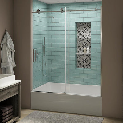 Coraline XL 56 - 60 in. x 70 in. Frameless Sliding Tub Door with StarCast Clear Glass in Polished Chrome, Left Opening - Super Arbor