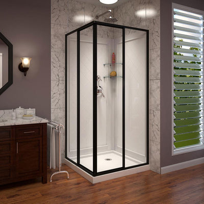 Cornerview 36 in. D x 36 in. W Framed Sliding Shower Kit in Satin Black with Shower Base in White, Corner Drain - Super Arbor