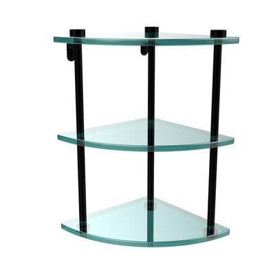 8 in. L  x 15 in. H  x 8 in. W 3-Tier Corner Clear Glass Bathroom Shelf in Matte Black - Super Arbor