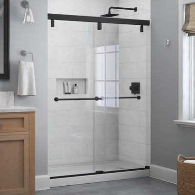 Lyndall 60 in. x 71-1/2 in. Frameless Mod Soft-Close Sliding Shower Door in Matte Black with 1/4 in. (6 mm) Clear Glass - Super Arbor