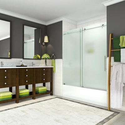 Coraline 56 - 60 in. x 60 in. Completely Frameless Sliding Tub Door with Frosted Glass in Brushed Stainless Steel - Super Arbor