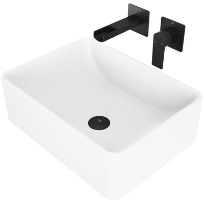 Amaryllis White Matte Stone Vessel Bathroom Sink Set with Atticus Wall Mount Faucet in Matte Black - Super Arbor