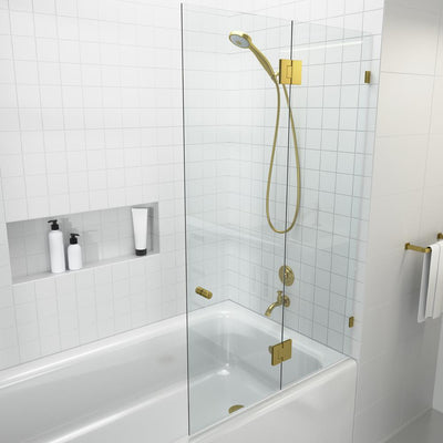 34 in. x 58 in. Frameless Glass Hinged Bathtub Door in Satin Brass - Super Arbor