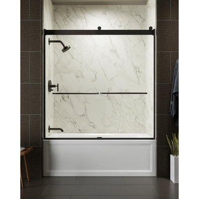 Levity 59.625 in. W x 62 in. H Frameless Sliding Tub Door with Handles in Anodized Dark Bronze - Super Arbor