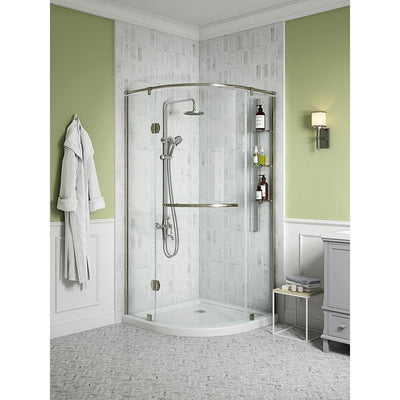 Glamour 38 in. x 73.90 in. Semi-Frameless Pivot Corner Shower Door in Satin Nickel with 38 in. x 38 in. Base in White - Super Arbor