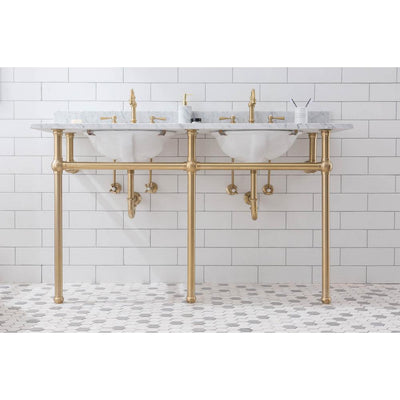 Embassy 60 in. Double Sink Carrara White Marble Countertop Washstand in Satin Gold PVD with P-Trap and Faucet - Super Arbor