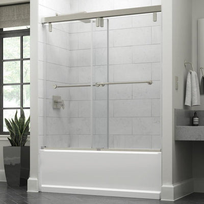 60 in. x 71-1/2 in. Mod Soft-Close Frameless Sliding Bathtub Door in Nickel with 3/8 in. Clear Glass and Lyndall Handles - Super Arbor