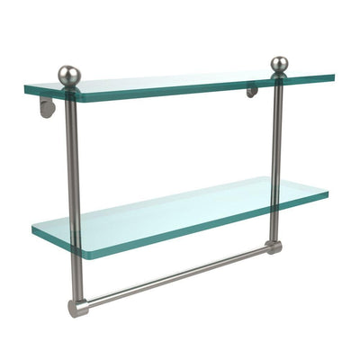 16 in. L  x 12 in. H  x 5 in. W 2-Tier Clear Glass Bathroom Shelf with Towel Bar in Satin Nickel - Super Arbor