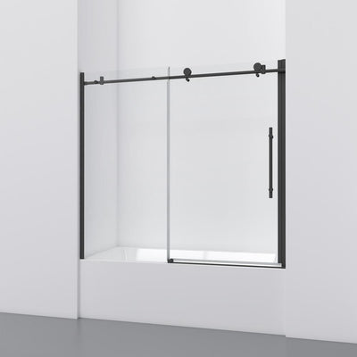 60 in. W x 59 in. H Sliding Frameless Bathtub Door in Matte Black with Clear Glass and Handle - Super Arbor