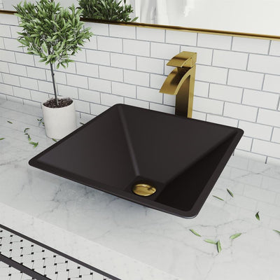 Serato Glass Vessel Bathroom Sink in Black with Duris Faucet in Matte Gold - Super Arbor