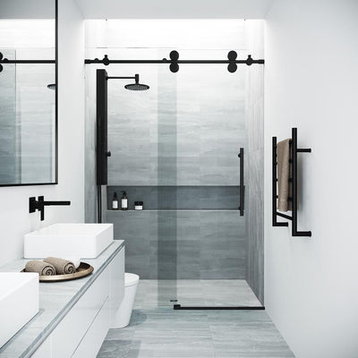 Elan 48 to 52 in. x 74 in. Frameless Sliding Shower Door in Matte Black with Clear Glass and Handle - Super Arbor