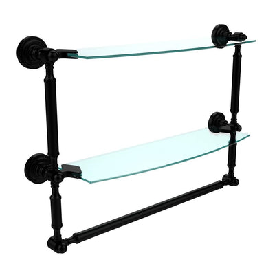 Dottingham 18 in. L  x 15 in. H  x 5 in. W 2-Tier Clear Glass Bathroom Shelf with Towel Bar in Matte Black - Super Arbor