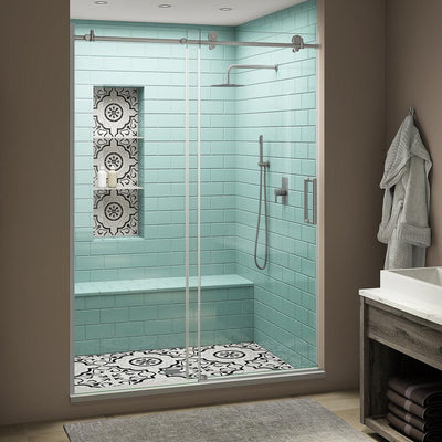 Coraline XL 56 - 60 in. x 80 in. Frameless Sliding Shower Door with StarCast Clear Glass in Stainless Steel Right Hand - Super Arbor