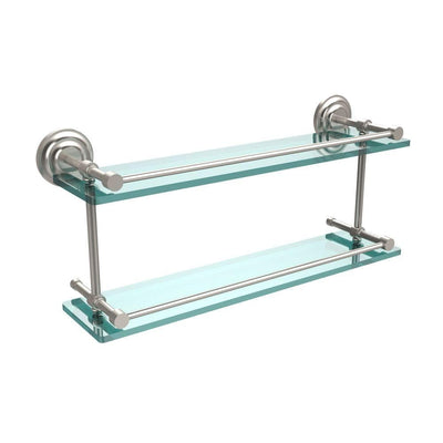 Que New 22 in. L x 8 in. H x 5 in. W 2-Tier Clear Glass Bathroom Shelf with Gallery Rail in Satin Nickel - Super Arbor