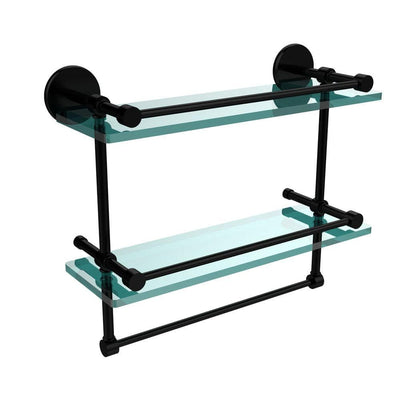 16 in. L  x 12 in. H  x 5 in. W 2-Tier Gallery Clear Glass Bathroom Shelf with Towel Bar in Matte Black - Super Arbor