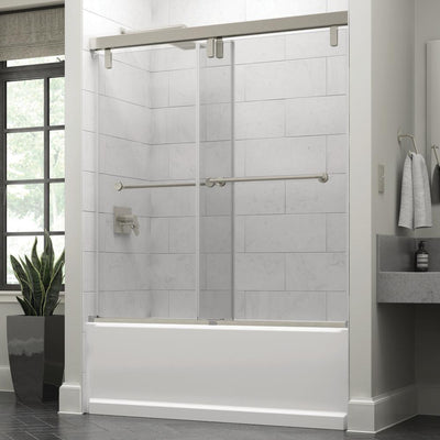 Lyndall 60 x 59-1/4 in. Frameless Mod Soft-Close Sliding Bathtub Door in Nickel with 3/8 in. (10mm) Clear Glass - Super Arbor